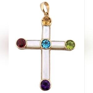 14k Gold Multi Gemstone Mother of Pearl Gemstone Inlay Cross Pendant 3.7g